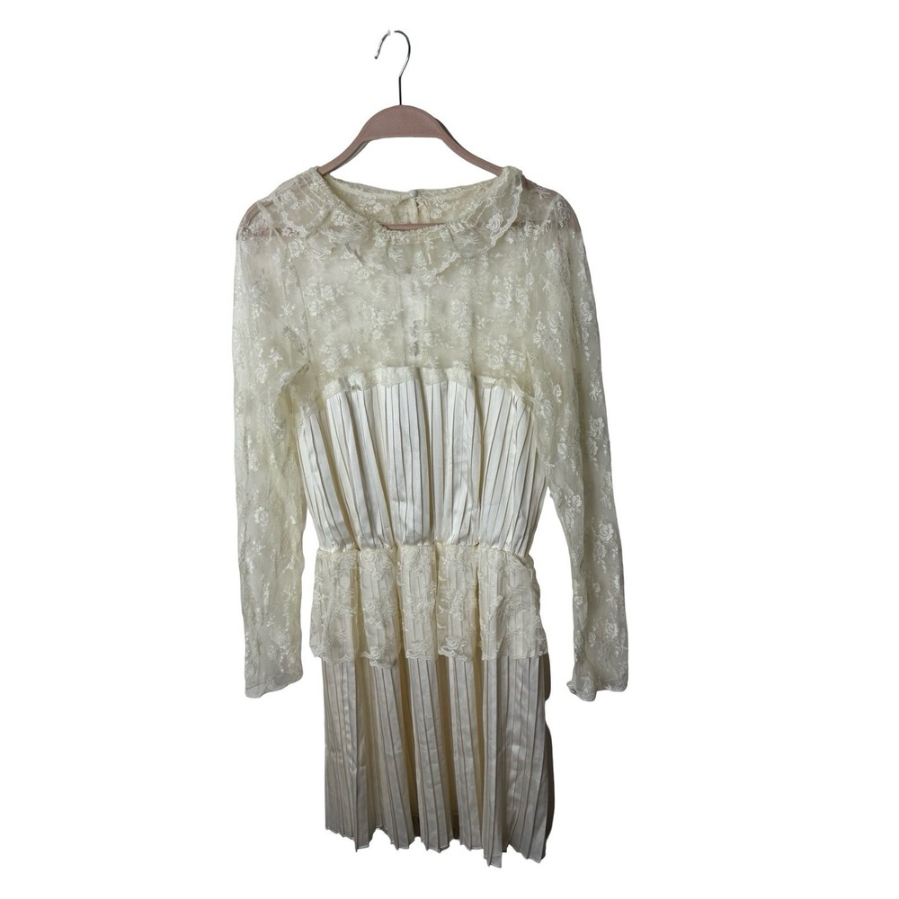Free People Lace Pleated Mini Dress Womens 10 White Floral Long Sleeve